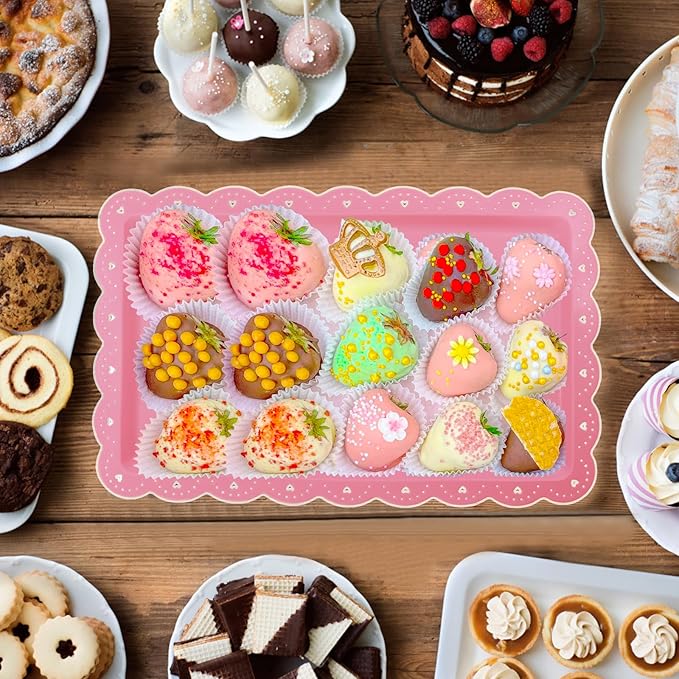 6 Pack Plastic Serving Trays Food Tray - 14" x 9" Rectangle Serving Platter for Wedding Party Supplies Cafeteria Kitchen Restaurant, Small Flat Trays for Dessert Fruit Cookie Snack(Pink)