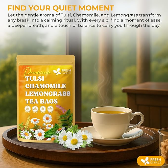 FreshDrinkUS, Premium 135 Tea Bags Tulsi Chamomile Lemongrass Herbal Tea | Blend with Holy Basil, Chamomile Flowers & Lemongrass Leaves – Naturally Caffeine-Free, Soothing Herbal Infusion. Vegan