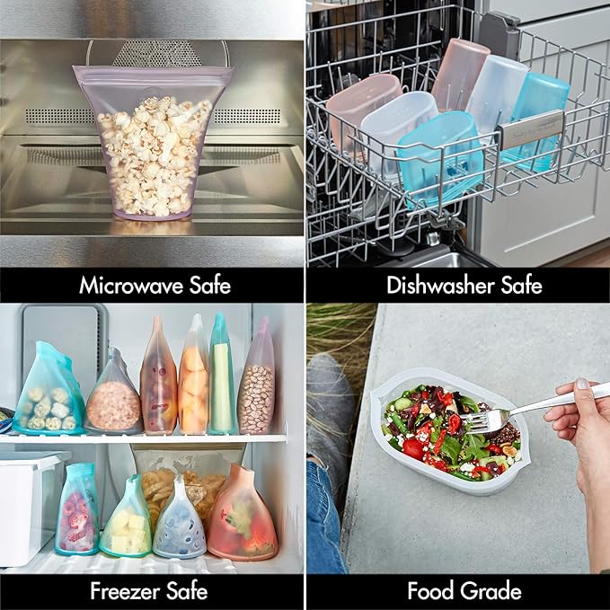 Zip Top Reusable Food Storage Bags | Short Cup [Lavender] | Silicone Meal Prep Container | Microwave, Dishwasher and Freezer Safe | Made in the USA