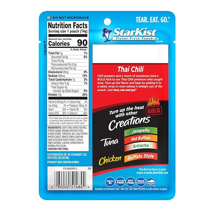 StarKist Tuna Creations BOLD Thai Chili Style Pouch (2.6 oz - 2 Pack) Wild Caught, High Protein Shelf Stable Seafood, Gluten Free, Soy Free, No Draining, Ready to Eat for Salads and Sandwiches