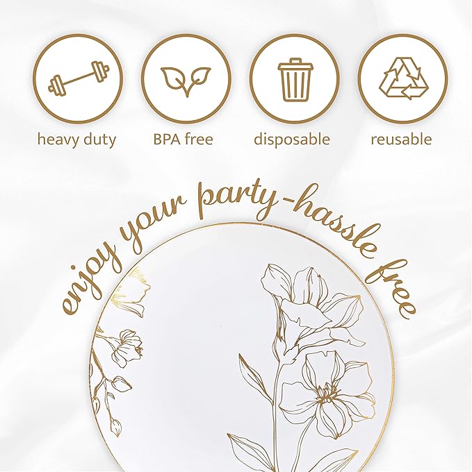 [6'' Plates 40 Count] White Plastic Floral Design Party Plates With Gold Rim Premium heavyweight Elegant Disposable Tableware Dishes