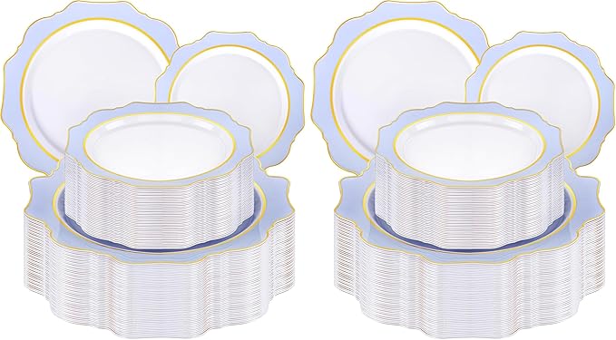 WDF 100PCS Blue Plastic Plates - Light Blue Plates Disposable - Heavy Duty Scalloped Plastic Plate for Parties/Wedding/Baby Shower (Pack of 2)