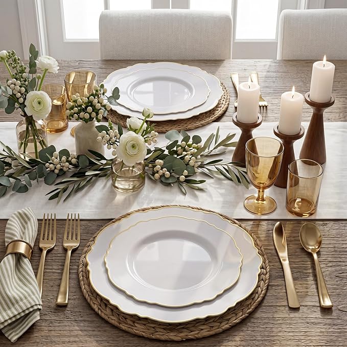 WDF 100pcs Gold Plastic Plates - High-end Baroque Design - Heavy Duty White &Gold Wedding Plates Set Ideal for Party/Wedding/Birthday/Mother's Day