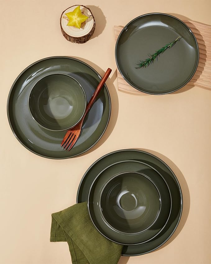 Pokini Ceramic Plate Set 10 Inch, Terracotta Dinner Plates of 6, Microwave Safe Plate, Large Serving Plates for for Salad Pasta Steak, Blackish Green