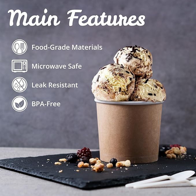 MATICAN Paper Ice Cream Cups - 50-Count 11-Oz Disposable Dessert Bowls for Hot or Cold Food, 11-Ounce Party Supplies Treat Cups for Sundae, Frozen Yogurt, Soup, Brown