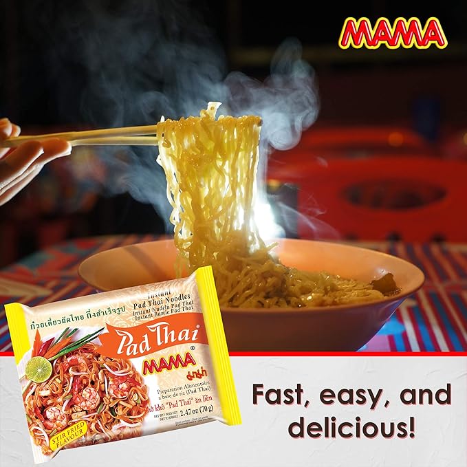 MAMA Noodles Pad Thai Instant Spicy Noodles w/Delicious Thai Flavors, Hot & Spicy Noodles w/Pad Thai Soup Base, No Trans Fat w/Fewer Calories Than Deep Fried Noodles 30 Pack