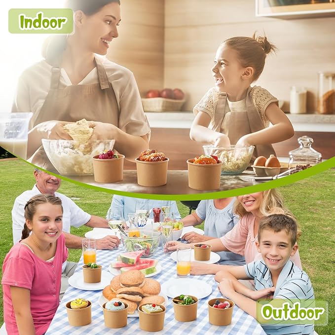 Fulmoon 100 Pack Paper Soup Containers with Lids Disposable Paper Food Containers with Vented Lid Kraft Ice Cream Cake Dessert Cups Soup Bowl for Party Hot Food Fruit Microwave(12 oz,Brown)