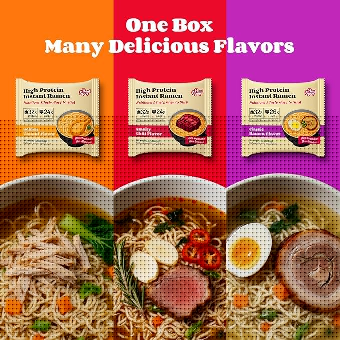 HealSpot High Protein Instant Ramen Variety Pack, 6 Pack Non Fried Ramen Broth, 32g Plant Based Protein, Low Fat, Low Carb, Non GMO, Keto Friendly & Plant Based (Golden-Chicken,Smoky-Beef,Classic-Pork） | 50% Protein, Keto Friendly, Vegen Friendly, Heal...