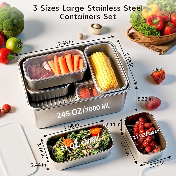 8 PCS Large Stainless Steel Food Storage Containers with Lids, 3 Sizes Meal Prep Containers Set for Vegetables, Fruits, Snacks, Roasting Chicken, Lasagna, BPA Free and Oven Safe (245oz, 31oz, 21oz)
