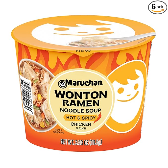 Maruchan Wonton Ramen Bowl, Hot & Spicy Chicken Flavor – Japanese-Style Instant Noodle Soup, Microwaveable Easy Meal – 3.93 Oz. (6 Pack)