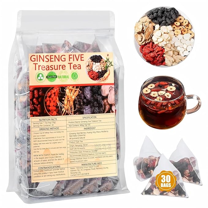 Ginseng Five Treasures Kidney Tea, Traditional Chinese Herbal TeaBags, Natural Organic Kidney Cleanse Detox TeaBag for Women & Men, 5 Precious Ingredients Formula ((1 Pack/30 Bags))