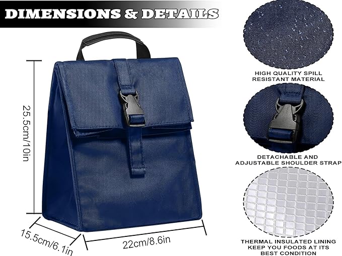 ZM-YOUTOO Insulated Foldable Lunch Bag- Lightweight Portable with Adjustable Shoulder Strap Lunch Box for Men, Women, Office, Work, Picnic, Hiking and Beach (Navy Blue(Soft Fabric))