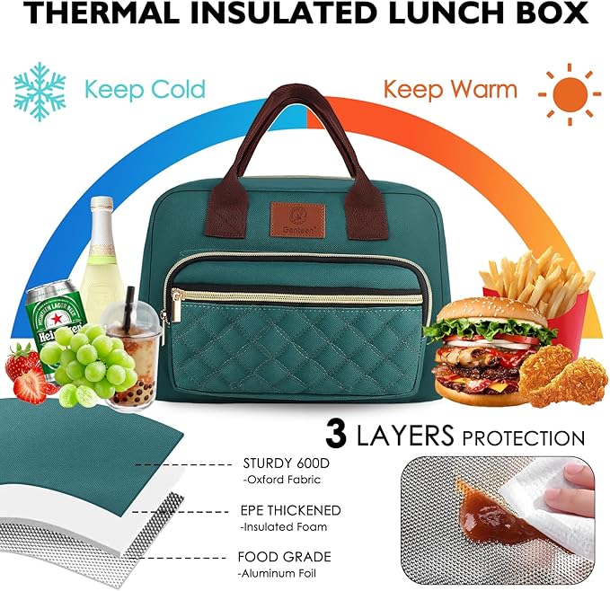 Genteen Lunch Box for Women, Insulated womens Lunch bag for work,Reusable Cute Lunch Bags,High Capacity Cooler BagTote for Work Girls Office Picnic School-Lake Green