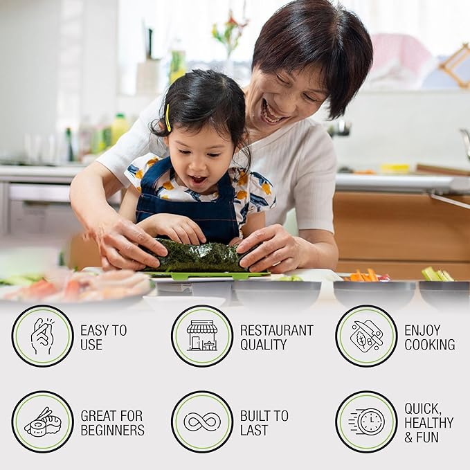 SushiQuik Sushi Making Kit with Rice Spreading Training Frame, Rice Paddle, Rolling Mat, Roll Cutter, Base, and Soy Sauce Caps - Sushi Kit for Beginners and Kids