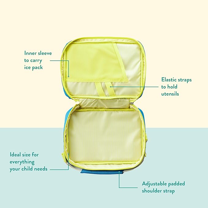 PlanetBox Insulated Lunch Bag – Banana Dino Edition Carry Bag with Pockets for Water Bottle and Snacks – Durable, Easy to Clean, and BPA Free