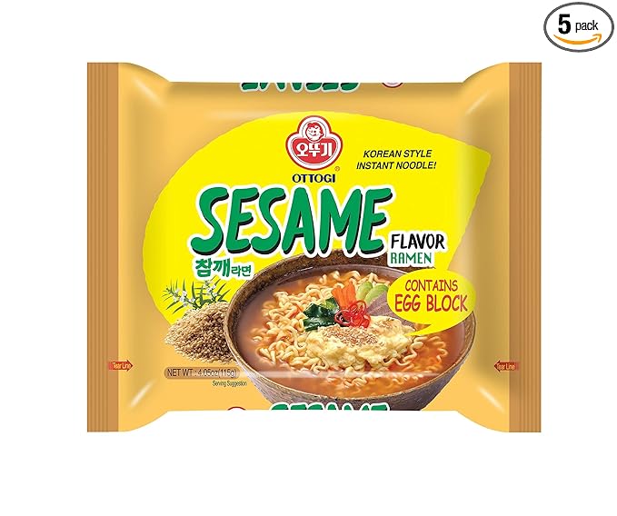 OTTOGI Spicy Sesame Flavor Ramen – Korean Instant Noodle with Egg Block, Spicy Sesame Broth, 4.05 oz (Pack of 5)