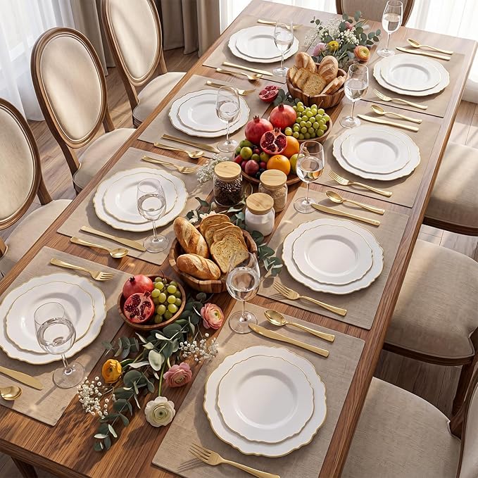 WDF 100pcs Gold Plastic Plates - High-end Baroque Design - Heavy Duty White &Gold Wedding Plates Set Ideal for Party/Wedding/Birthday/Mother's Day