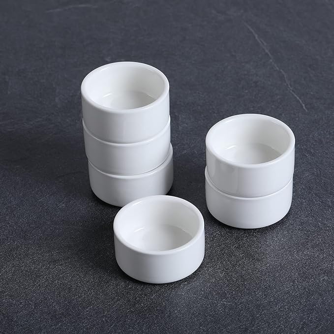1 oz Mini Porcelain Ramekins Set of 6, Small Ceramics Souffle Dish, Exactly Designed for Dipping Sauce, Ketchup, Salsa and Jams, 30ml White