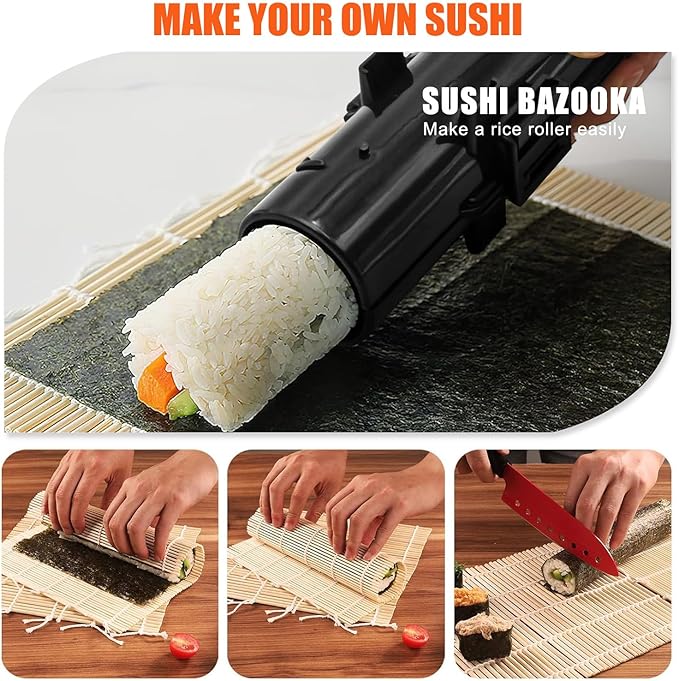 SmileTools Sushi Making Kit, Sushi Roller, Sushi Bazooka, Sushi Maker, Bamboo Sushi Rolling Mat for Beginners (Black)