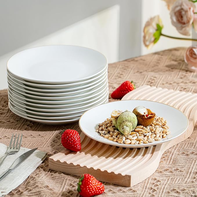 BTaT- White Dessert Plates with Gold Rim, Set of 6, 8" Round, Porcelain, Elegant Style, Dinner Plates