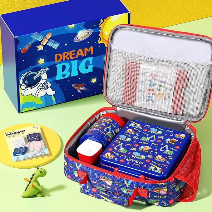 Fimibuke Kids Bento Snack Lunch Box with 4 Compartment, Insulated Lunch Bag, Stainless Steel Vacuum Thermo Food Jar, Ice Pack, Utensils Set, Birthday Gifts for Age 3-12 Back to School Toddler Girl Boy