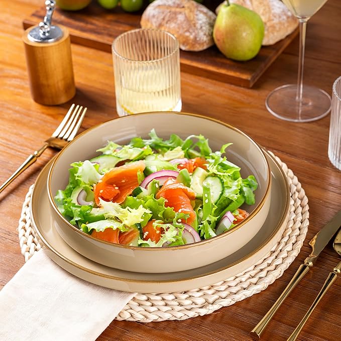 GBhome 9'' Large Ceramic Pasta Bowls, 32oz Stoneware Pasta Serving Bowls Set of 4 for Kitchen, Wide Bowls for Fruit,Pasta,Salad,Oatmeal,Meal, Microwave Safe, Reactive Glaze-Warm Sand