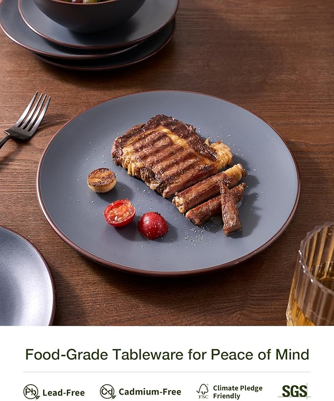 Famiware Venus Stoneware Dinnerware Sets with Pasta Bowls for 4, 16-Piece Speckled Plates and Bowls with Trim, Matte Charcoal - Chip‑Resistant Dishes for Everyday/Formal Use, Microwave/Dishwasher Safe
