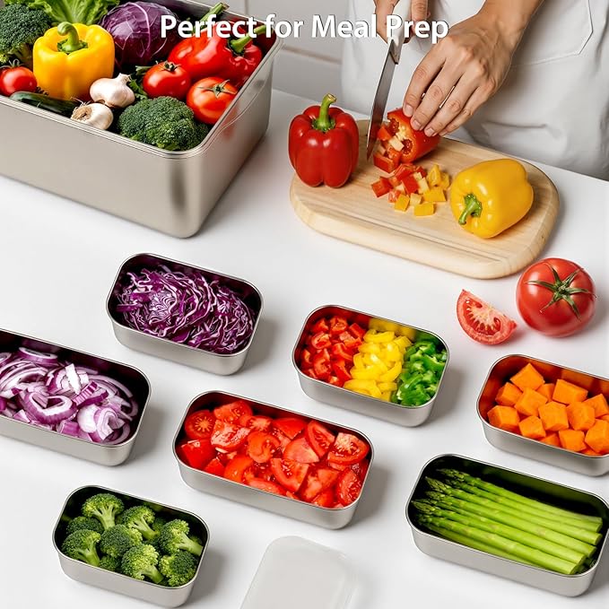 8 PCS Large Stainless Steel Food Storage Containers with Lids, 3 Sizes Meal Prep Containers Set for Vegetables, Fruits, Snacks, Roasting Chicken, Lasagna, BPA Free and Oven Safe (245oz, 31oz, 21oz)