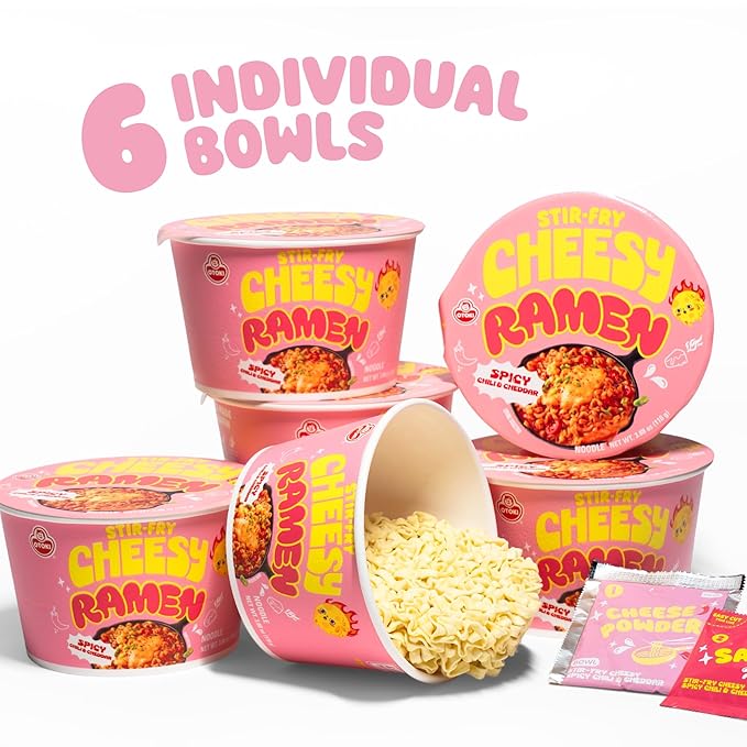 Cheesy Stir-Fry Ramen (Bowl) – Spicy Chili & Cheddar Flavor | Bold, Creamy & Cheesy Korean Instant Noodles | 3.88 oz (Pack of 6)