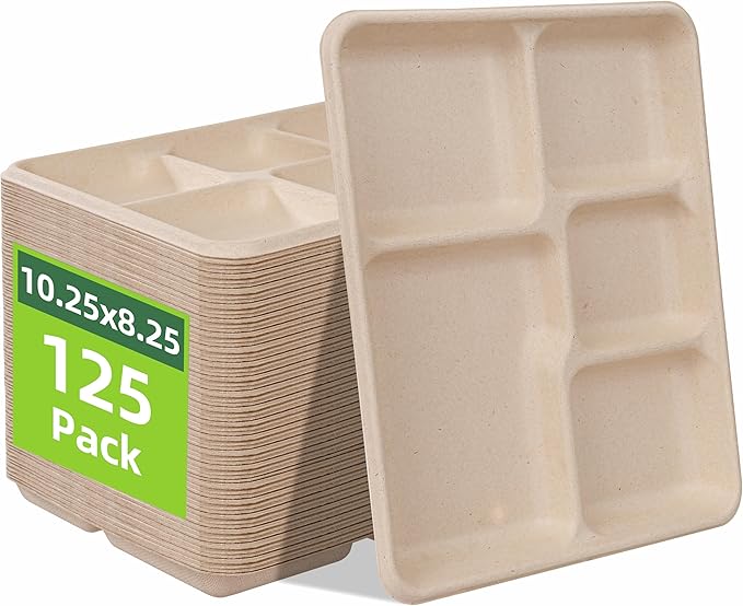 WELLIFE 125 Pack Kids Small 5-Compartment Paper Plates, 10.25x8.25 Inch 100% Compostable Divided Plates, Disposable School Lunch Trays, Eco-Friendly Bagasse Plate for Boys Girls and Youth (BPA Free)
