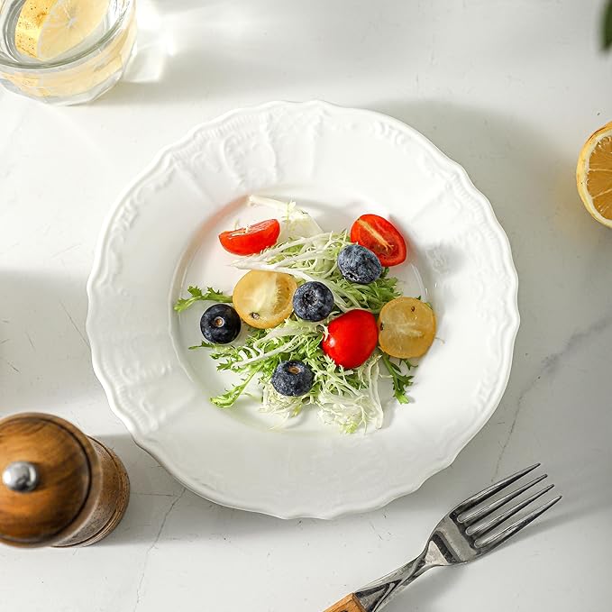 Neaylfe 8 Piece Embossed Ceramic Appetizer & Dessert Plates, 7.5 Inch White Round Salad Plate, Porcelain Dinner Dishes for Dessert, Cake, Snack, Waffles, Dishwasher & Microwave Safe