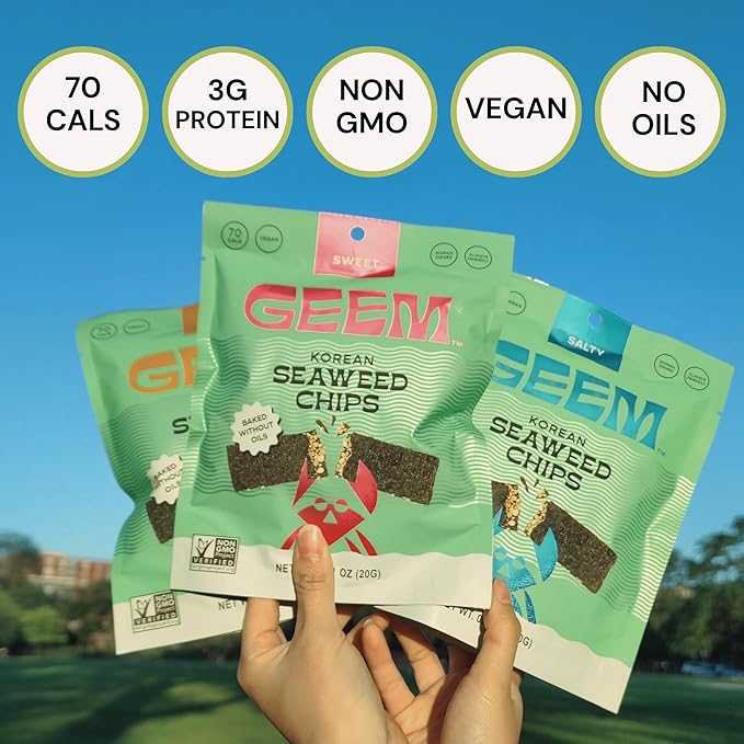 GEEM Seaweed Snacks – Korean Seaweed Chips with Rice Crisps & Sesame | Crunchy, Oil-Free Snack | Vegan, Non-GMO | Great for Kids & Adults | Variety 4-Pack