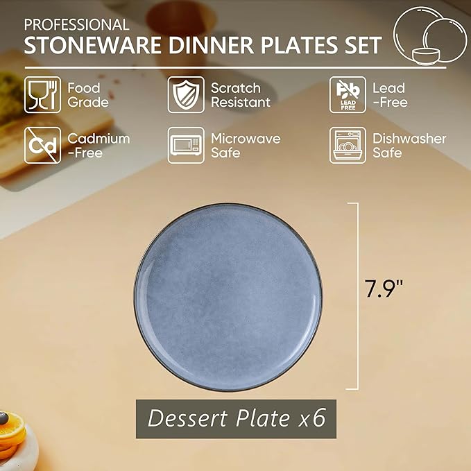 Herogo 6-Piece Stoneware Dinner Plates Set, 7.9" Ceramic Round Dessert Plate Set, Small Handmade Double Reactive Glaze Dinnerware Plates for Kitchen, Microwave, Oven and Dishwasher Safe, Haze Blue