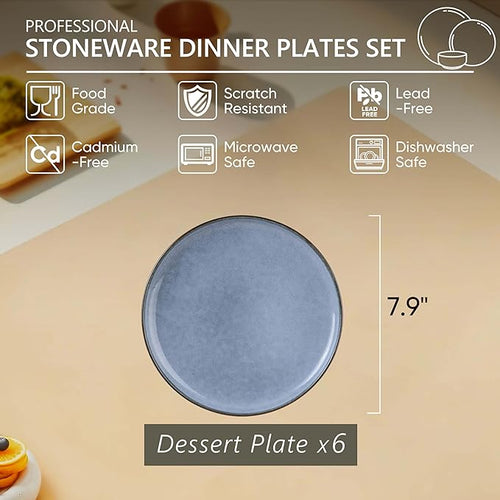 Herogo 6-Piece Stoneware Dinner Plates Set, 7.9" Ceramic Round Dessert Plate Set, Small Handmade Double Reactive Glaze Dinnerware Plates for Kitchen, Microwave, Oven and Dishwasher Safe, Haze Blue