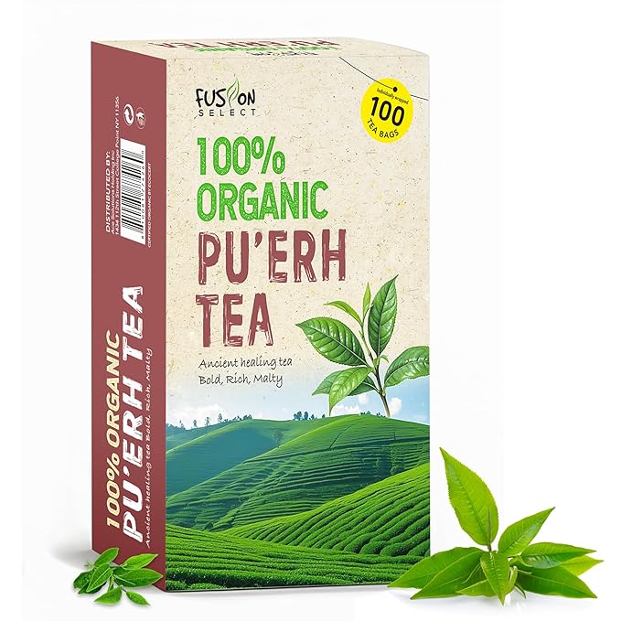 Fusion Select 100% Organic Pu'erh Tea - Natural Chinese Herbal Tea for Calmness, Relaxation, Wellness - Rich in Vitamins & Antioxidants - No Calories, Sugar, Fat - 100 Individually Wrapped Tea Bags
