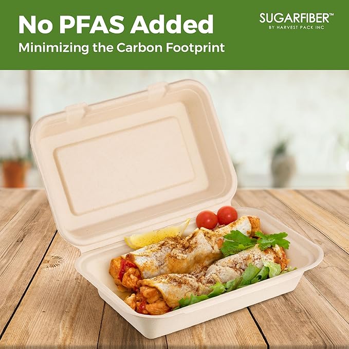 [50 COUNT]Harvest Pack PFAS FREE 9 X 6" Compostable Clamshell Take Out Food Containers, Heavy-Duty Hinged Container, Disposable Bagasse Eco-Friendly Natural to go Food Box, 100% Sugarcane Plant