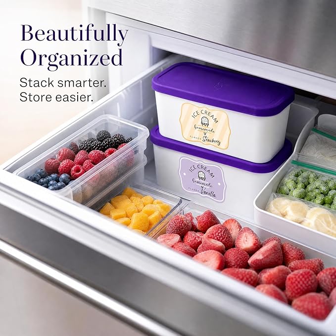 Set of 2 Reusable Ice Cream Tub Containers 1.6 Quart Ea. - Perfect for Homemade Sorbet, Frozen Yogurt Or Gelato - Stackable Storage Containers, Stickers And Lids Stores Easily In Freezer
