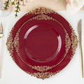 Efavormart 10 Pack | 8" Burgundy and Gold Baroque Dessert Plates, Leaf Embossed Metallic Rim Heavy Duty Appetizer Plates for Fall Harvest Parties