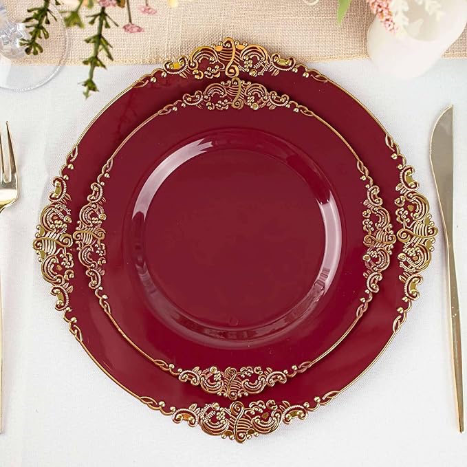 Efavormart 10 Pack | 8" Burgundy and Gold Baroque Dessert Plates, Leaf Embossed Metallic Rim Heavy Duty Appetizer Plates for Fall Harvest Parties