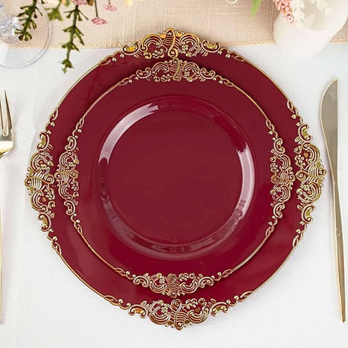 Efavormart 10 Pack | 8" Burgundy and Gold Baroque Dessert Plates, Leaf Embossed Metallic Rim Heavy Duty Appetizer Plates for Fall Harvest Parties