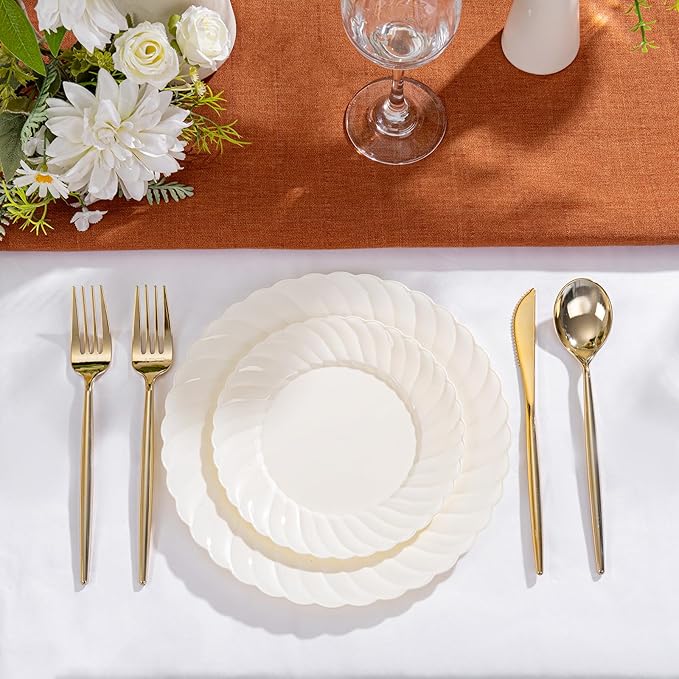 U-QE 100 Count 6 Inch Ivory Plastic Plates - Scalloped Dessert Plates Disposable - Premium Fancy Disposable Heavy Duty Party Supplies for Party, Celebrations, Weddings and Events