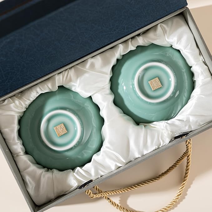 4.5" Green Porcelain Bowls Set of 2,Genuine Longquan Celadon 9.8 Oz Rice Bowls -Sky Cyan