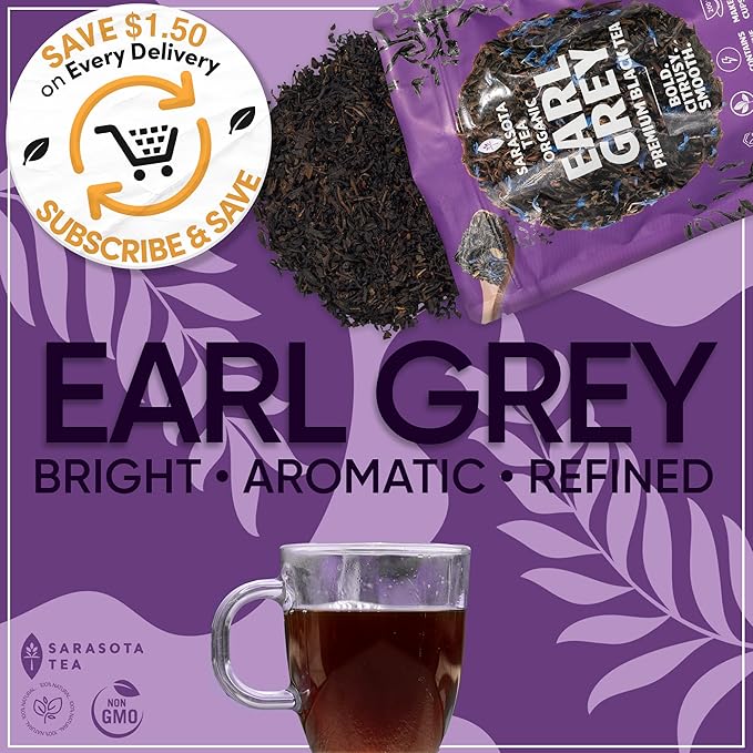 Organic Earl Grey Loose Leaf Black Tea | USDA Organic Bergamot Black Tea | Premium Full Leaf | 1 lb Bulk Bag (16 oz) | Smooth Citrus Aroma | Hot or Iced | Non-GMO