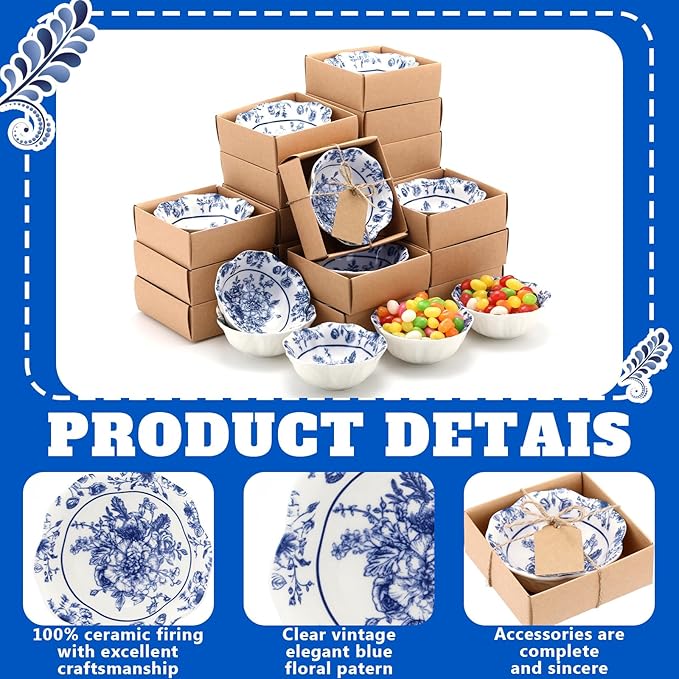 SiliFine 12 Pcs Wedding Favors for Guests Small Ceramic Bowl Bulk Gifts Set 3.3 Inch Floral Design Mini Dipping Sauce Dish with Card Box for Bridal Pooja Baby Shower Birthday (Flower,Blue)