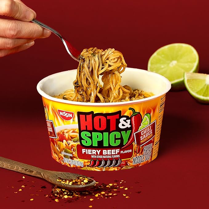 Nissin Hot & Spicy Ramen Noodle Soup, Fiery Beef, 3.28 Ounce (Pack of 6)