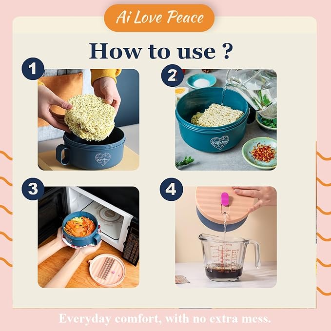 AI LOVE PEACE Ramen Bowl, 40 oz Microwaveable Noodle Cooker for Ramen, Pho, Soup, and Pasta, Dishwasher Safe and Portable, Ideal for Home, Office, Dorm, or Gift (Pink)