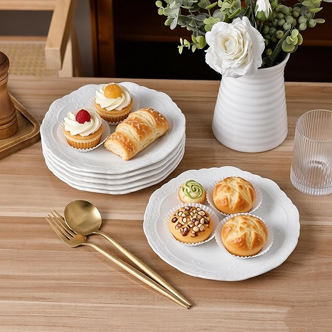 8 Inch Porcelain Dessert Plates Set of 6,Appetizer Plates,White,Embossed,Heat Resistant,Scratch Resistant,Highly Glossy Glaze,Dishwasher safe (Picapica 8‘’)