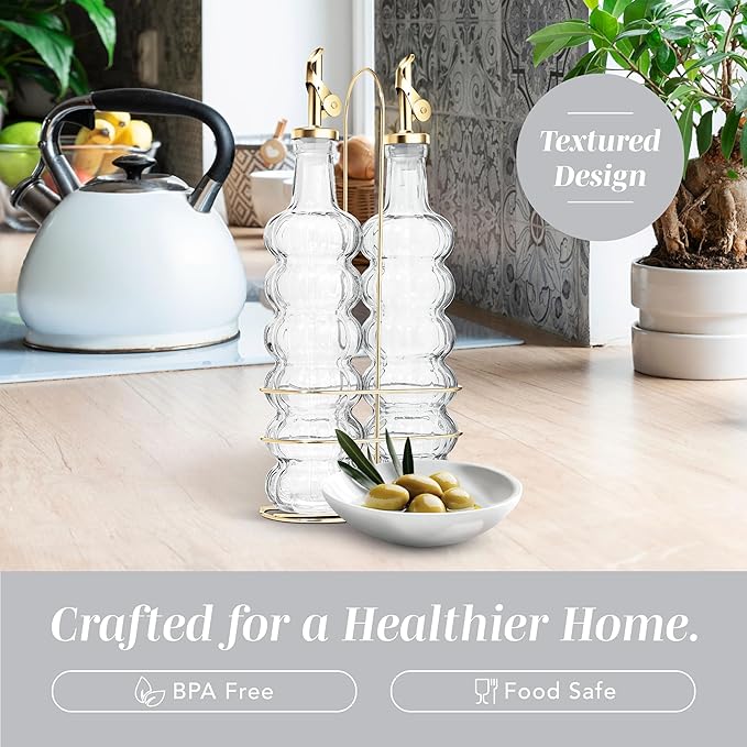 COOK WITH COLOR Glass Olive Oil Bottle Dispenser - 2 Pack- 17oz Oil and Vinegar Cruet - Olive Oil Carafe Decanter for Kitchen, Elegant Waves, Clear
