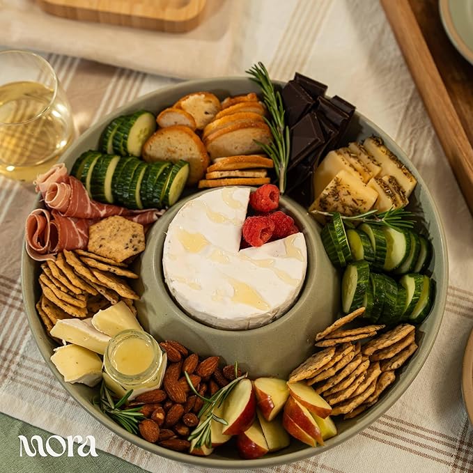 MORA Ceramic Chips and Dip Serving Tray: Large Divided Party Bowl Set for Chips & Salsa, Veggies & Dip, Fruit, Snacks, Entertaining, Hosting, etc. Minimalist Design for the Modern Hostess - Thyme