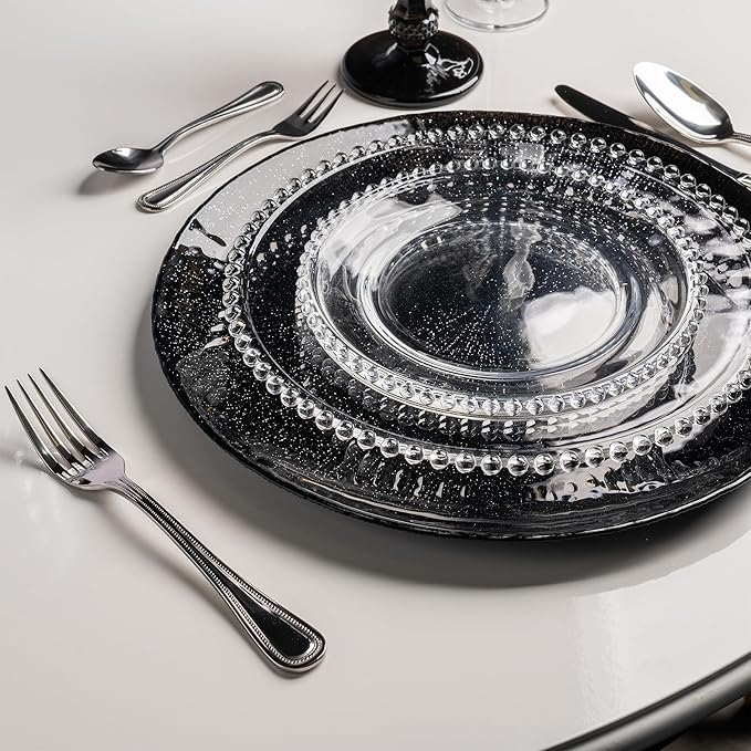 WOLFF - Set of 4 Pearl Beaded Crystal Dessert Plates, Clear Glass 8 Inch Salad Appetizer Starter Plates, Luxury Dinnerware Kitchen Accessories- Clear 8"